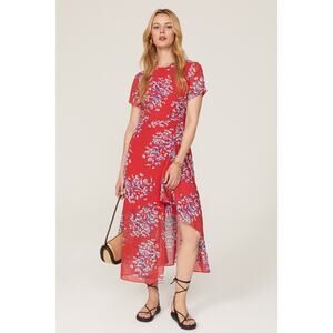 SAUNDERS Women's Red Floral Short Sleeve Crewneck A-Line Midi Dress Size 12